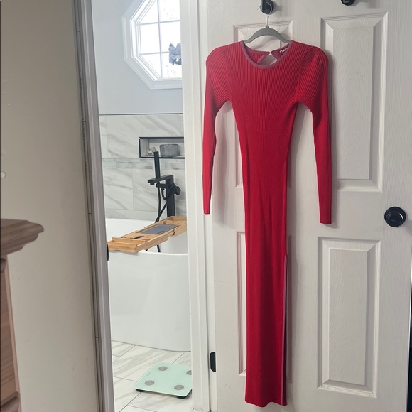 Staud Red Ribbed Knit Open Back Maxi Dress Long Sleeve Size S - Picture 1 of 7